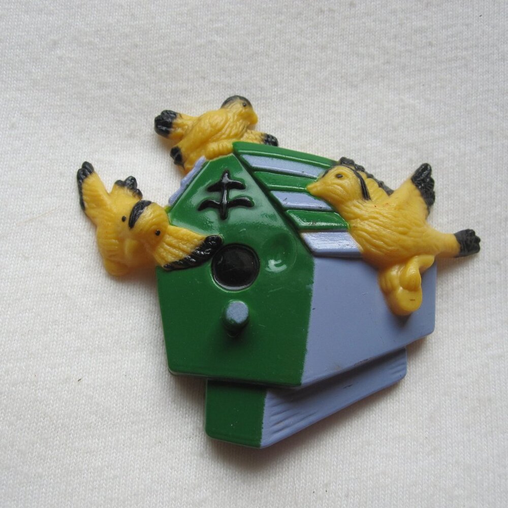 Vintage Fridge Magnet: 2.5" Yellow Birds w/ Green/Blue Birdhouse